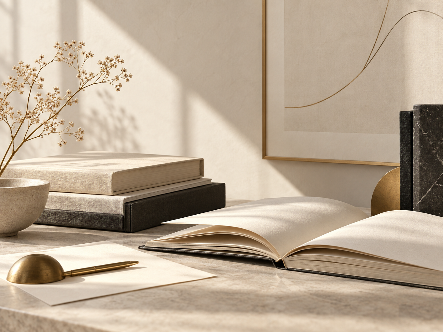 An open notebook, books, and a pen in warm natural light
