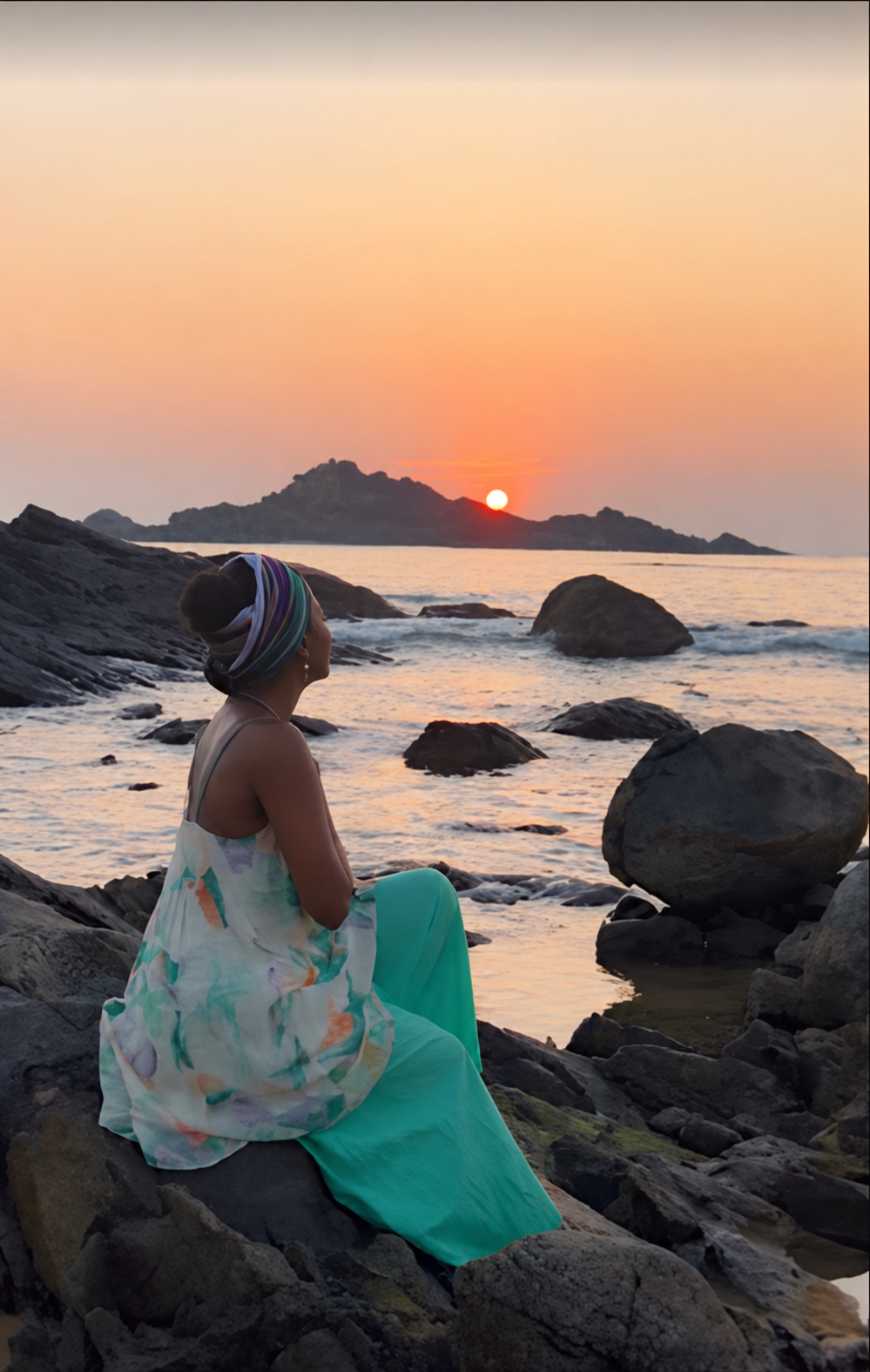 Dr. Blossom A. Burton seated on the rocky shoreline at sunset in Gokarna, India