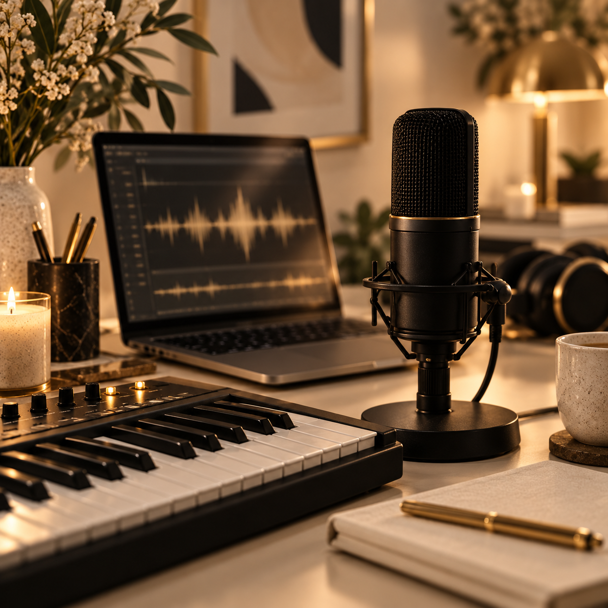 A warmly lit music studio with a microphone, keyboard, headphones, and an audio recording displayed on a laptop